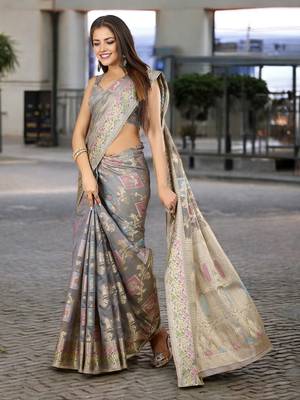 grey organza zari woven saree with unstitched blouse piece 2