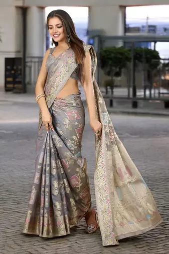 grey organza zari woven saree with unstitched blouse piece