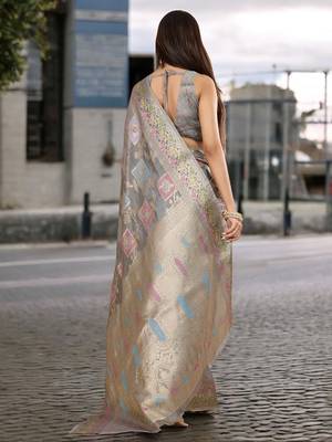 grey organza zari woven saree with unstitched blouse piece 3
