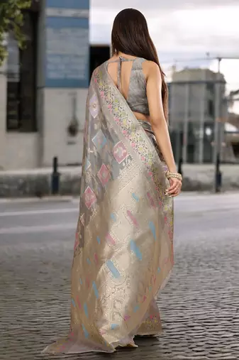 grey organza zari woven saree with unstitched blouse piece