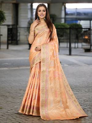 peach organza zari woven saree with unstitched blouse piece 1