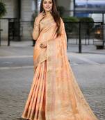peach organza zari woven saree with unstitched blouse piece