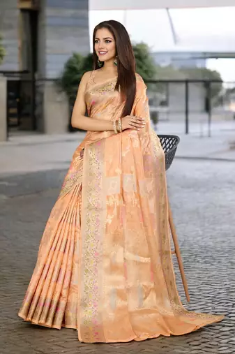 peach organza zari woven saree with unstitched blouse piece