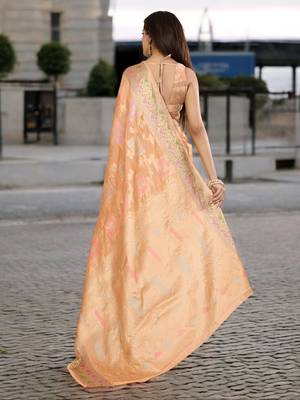 peach organza zari woven saree with unstitched blouse piece 3