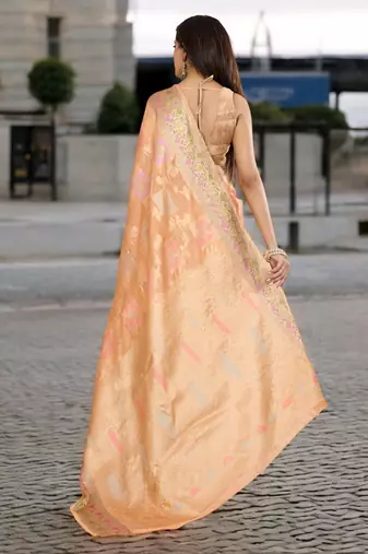 peach organza zari woven saree with unstitched blouse piece