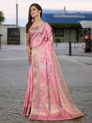 pink organza zari woven saree with unstitched blouse piece 1