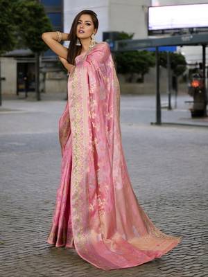 pink organza zari woven saree with unstitched blouse piece 2