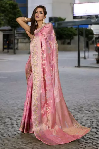 pink organza zari woven saree with unstitched blouse piece