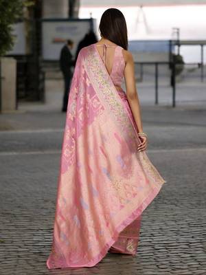 pink organza zari woven saree with unstitched blouse piece 3