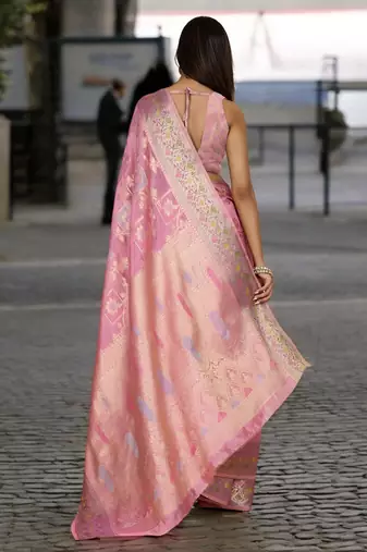 pink organza zari woven saree with unstitched blouse piece