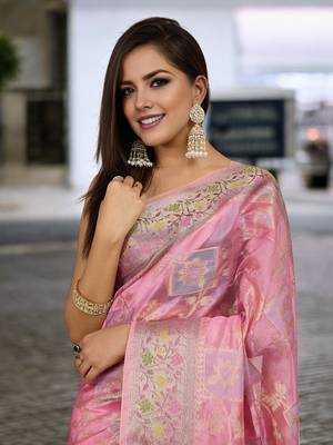 pink organza zari woven saree with unstitched blouse piece 4