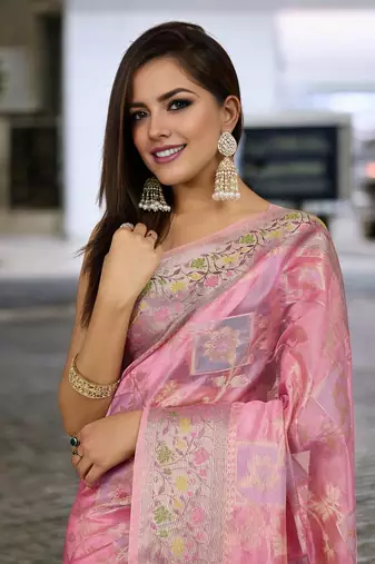 pink organza zari woven saree with unstitched blouse piece