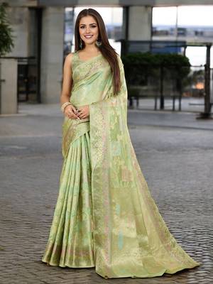 pista organza zari woven saree with unstitched blouse piece 1