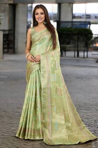 pista organza zari woven saree with unstitched blouse piece