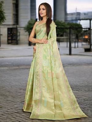 pista organza zari woven saree with unstitched blouse piece 2