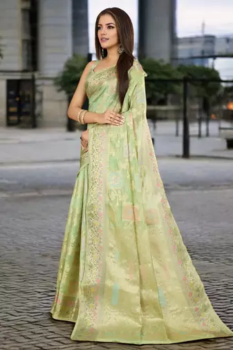 pista organza zari woven saree with unstitched blouse piece