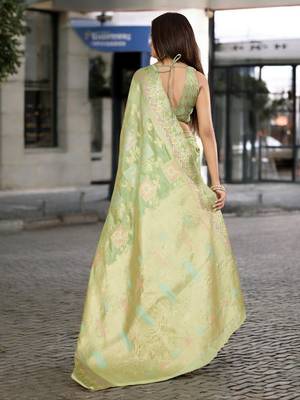 pista organza zari woven saree with unstitched blouse piece 3