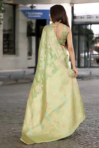 pista organza zari woven saree with unstitched blouse piece
