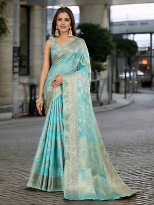 sky blue organza zari woven saree with unstitched blouse piece 1