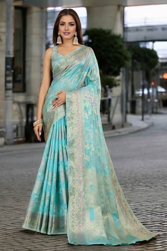 sky blue organza zari woven saree with unstitched blouse piece