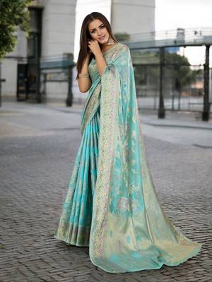 sky blue organza zari woven saree with unstitched blouse piece 2