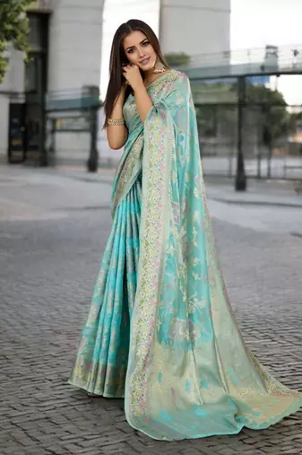 sky blue organza zari woven saree with unstitched blouse piece