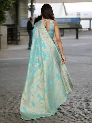 sky blue organza zari woven saree with unstitched blouse piece 3