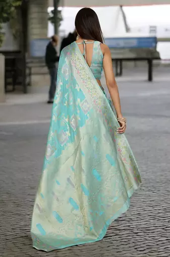 sky blue organza zari woven saree with unstitched blouse piece