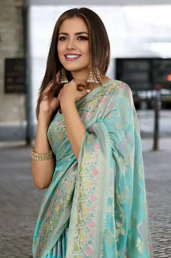 sky blue organza zari woven saree with unstitched blouse piece