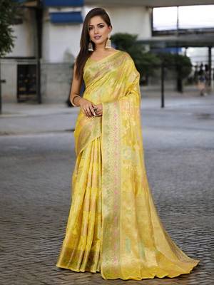 yellow organza zari woven saree with unstitched blouse piece 1