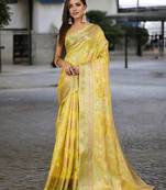 yellow organza zari woven saree with unstitched blouse piece