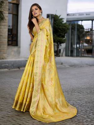 yellow organza zari woven saree with unstitched blouse piece 2
