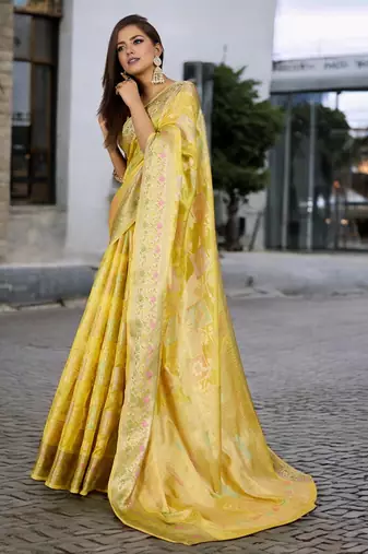 yellow organza zari woven saree with unstitched blouse piece