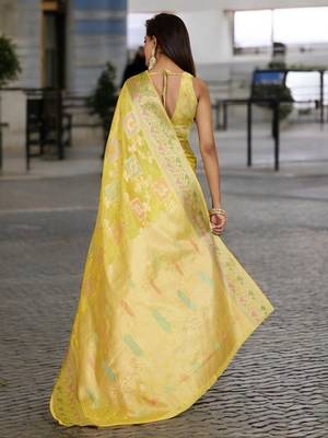 yellow organza zari woven saree with unstitched blouse piece 3