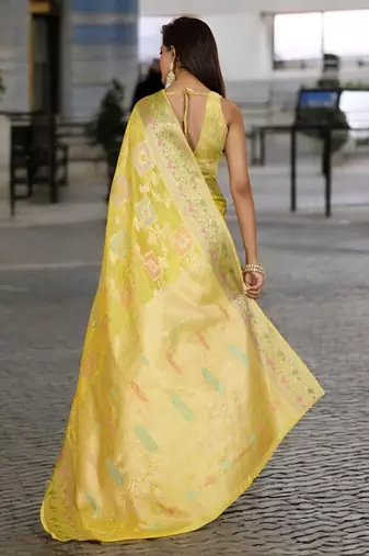 yellow organza zari woven saree with unstitched blouse piece