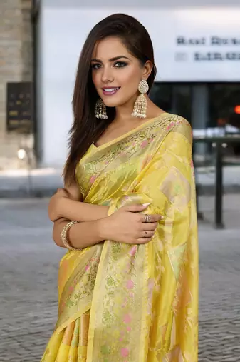 yellow organza zari woven saree with unstitched blouse piece