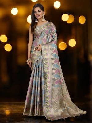 grey organza zari woven saree with unstitched blouse piece 1
