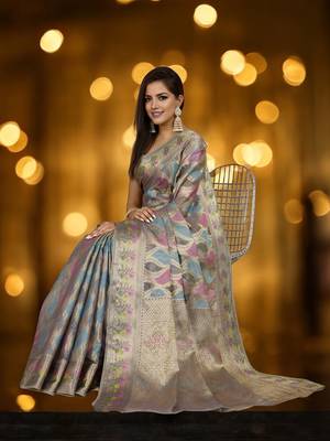 grey organza zari woven saree with unstitched blouse piece 2