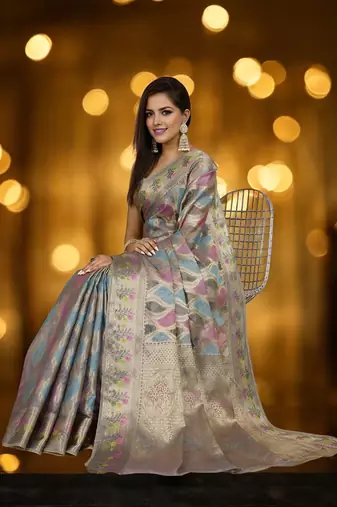 grey organza zari woven saree with unstitched blouse piece