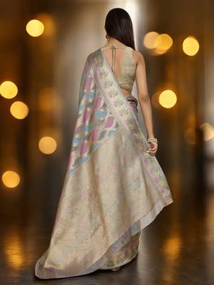grey organza zari woven saree with unstitched blouse piece 3