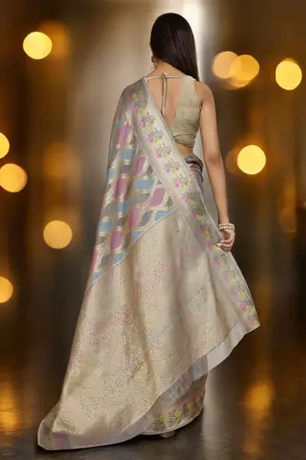 grey organza zari woven saree with unstitched blouse piece