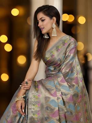grey organza zari woven saree with unstitched blouse piece 4