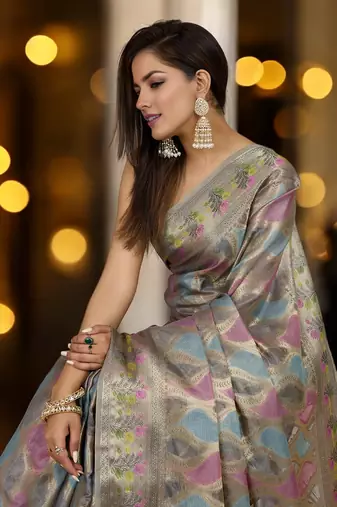 grey organza zari woven saree with unstitched blouse piece