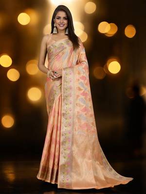 peach organza zari woven saree with unstitched blouse piece 1