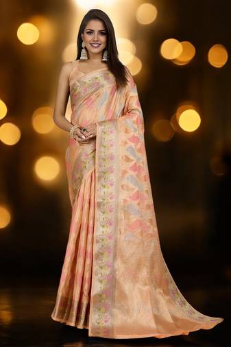peach organza zari woven saree with unstitched blouse piece