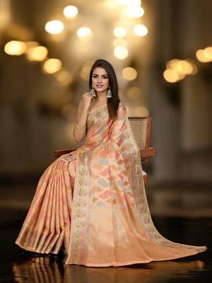 peach organza zari woven saree with unstitched blouse piece 2