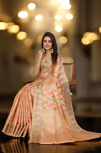 peach organza zari woven saree with unstitched blouse piece