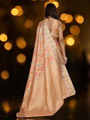 peach organza zari woven saree with unstitched blouse piece 3