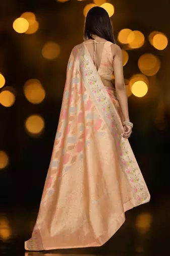 peach organza zari woven saree with unstitched blouse piece