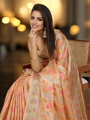 peach organza zari woven saree with unstitched blouse piece 4